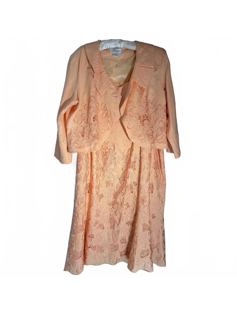 JSong Collection Size 20 Linen Dress & Jacket Set Peach Floral Embroidery Lace
